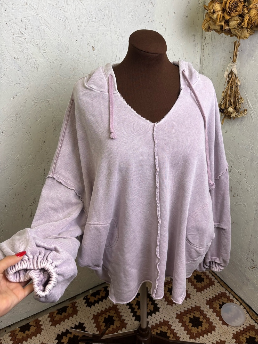 Free People Ballon Sleeve Oversized Slouchy Raw Hem Purple Hoodie Small